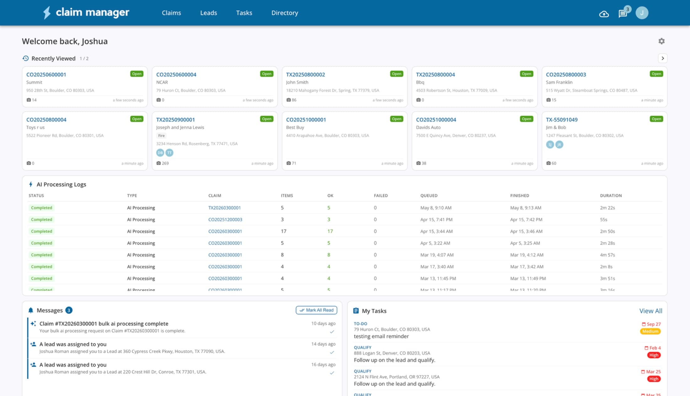 Claim Manager — claims dashboard